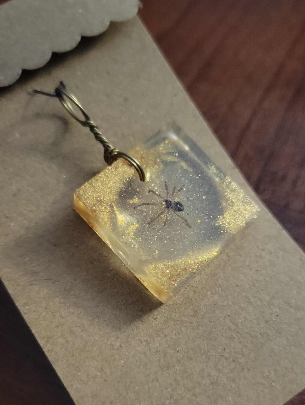 Gold Resin Square Pendant Earring with Encased Spider